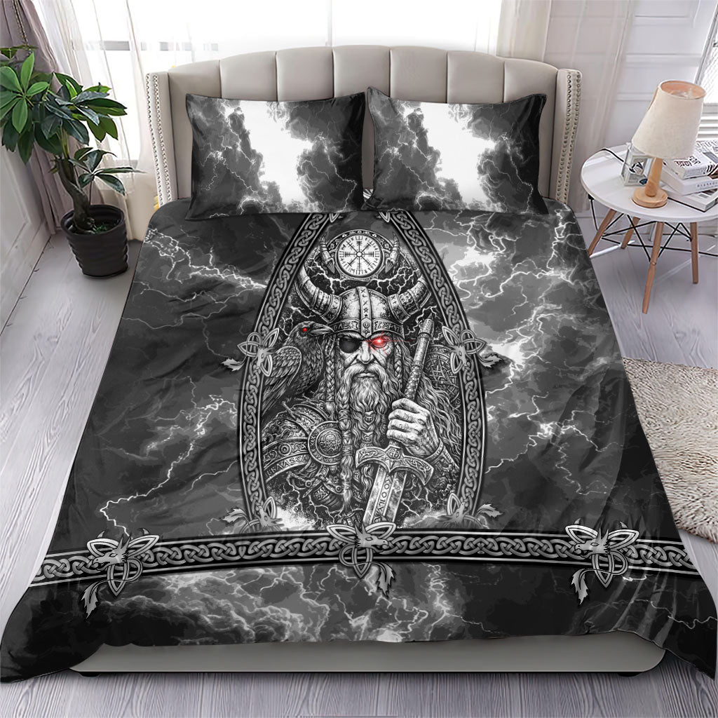 Viking Warrior Raven Axe Vegvisir Bedding Set Odin Warrior Nordic Runic Engraved Illustration Style