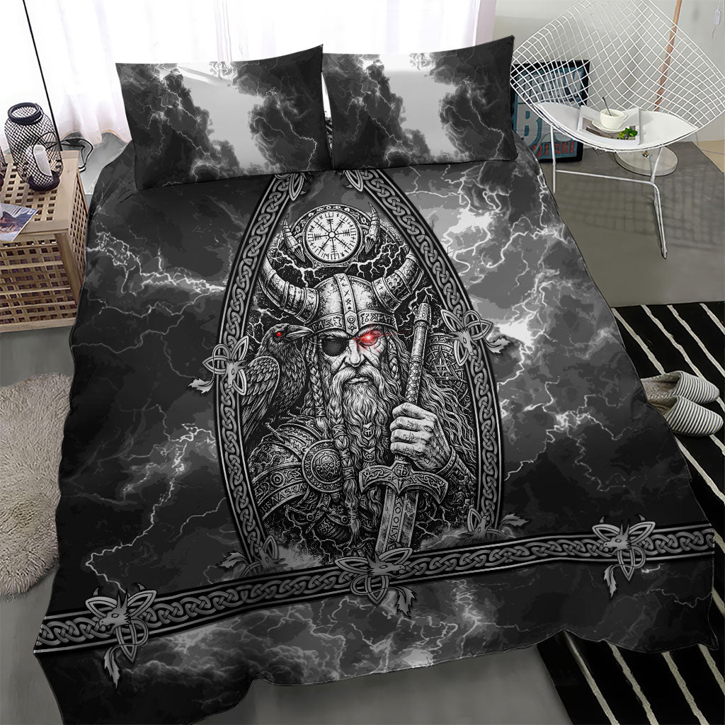 Viking Warrior Raven Axe Vegvisir Bedding Set Odin Warrior Nordic Runic Engraved Illustration Style