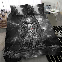 Viking Warrior Raven Axe Vegvisir Bedding Set Odin Warrior Nordic Runic Engraved Illustration Style