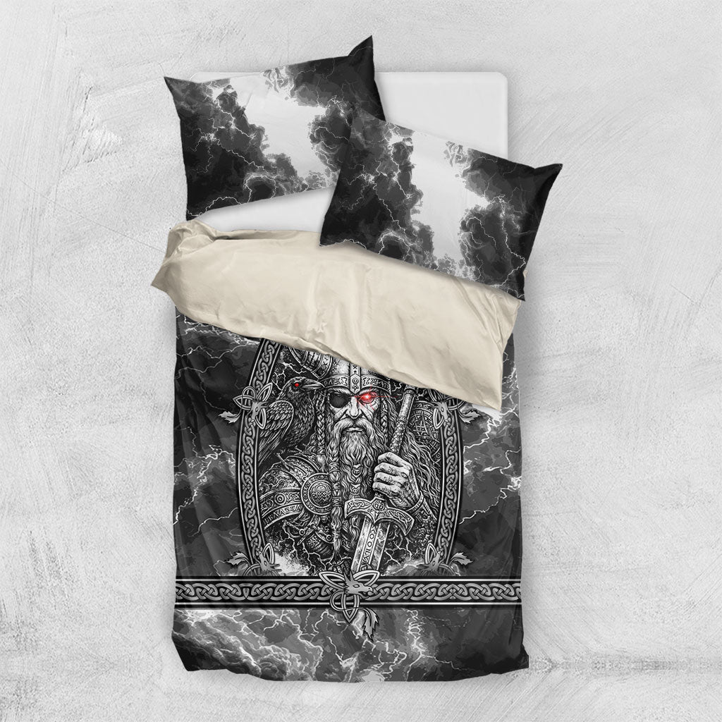 Viking Warrior Raven Axe Vegvisir Bedding Set Odin Warrior Nordic Runic Engraved Illustration Style