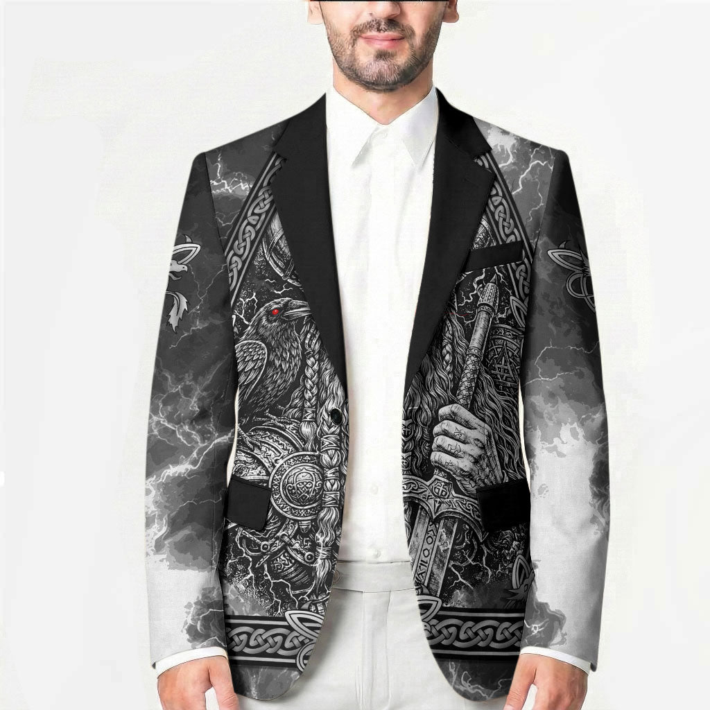 Viking Warrior Raven Axe Vegvisir Blazer Odin Warrior Nordic Runic Engraved Illustration Style
