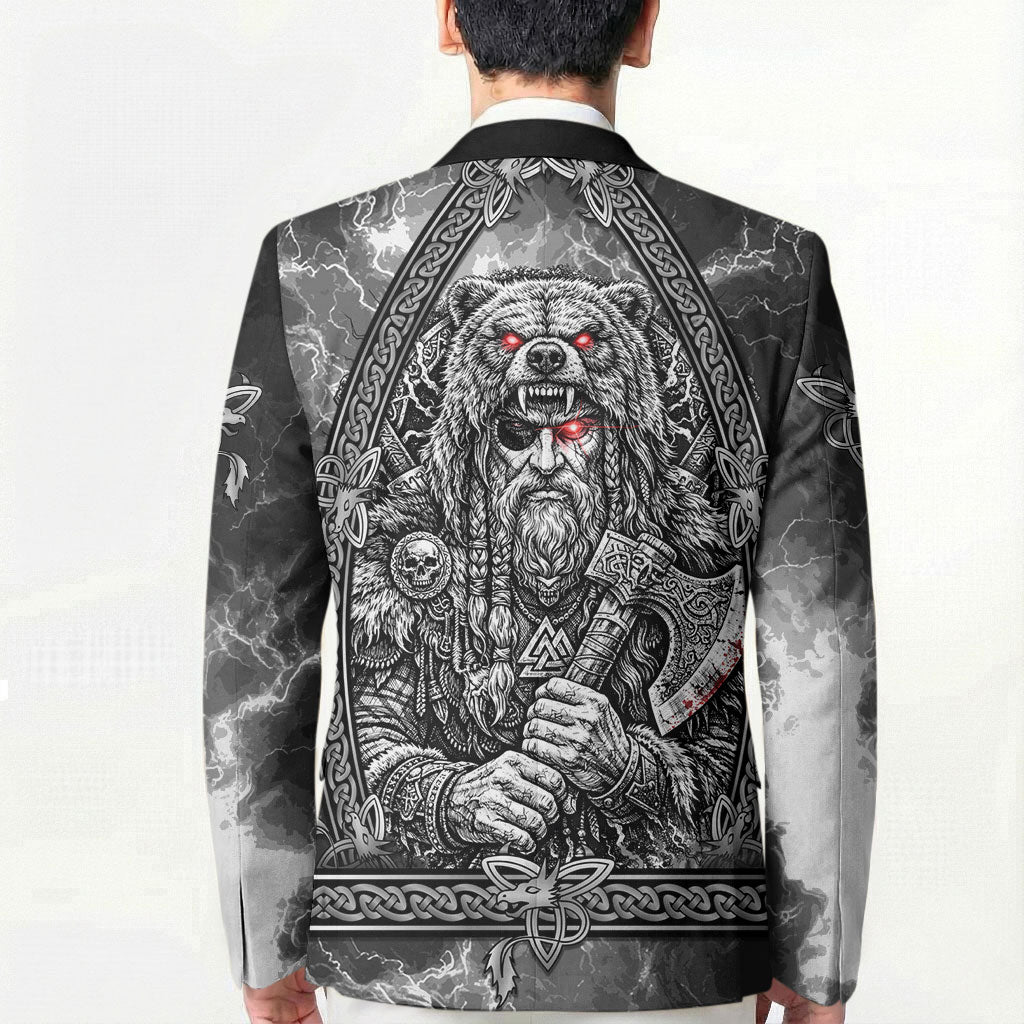 Viking Warrior Raven Axe Vegvisir Blazer Odin Warrior Nordic Runic Engraved Illustration Style