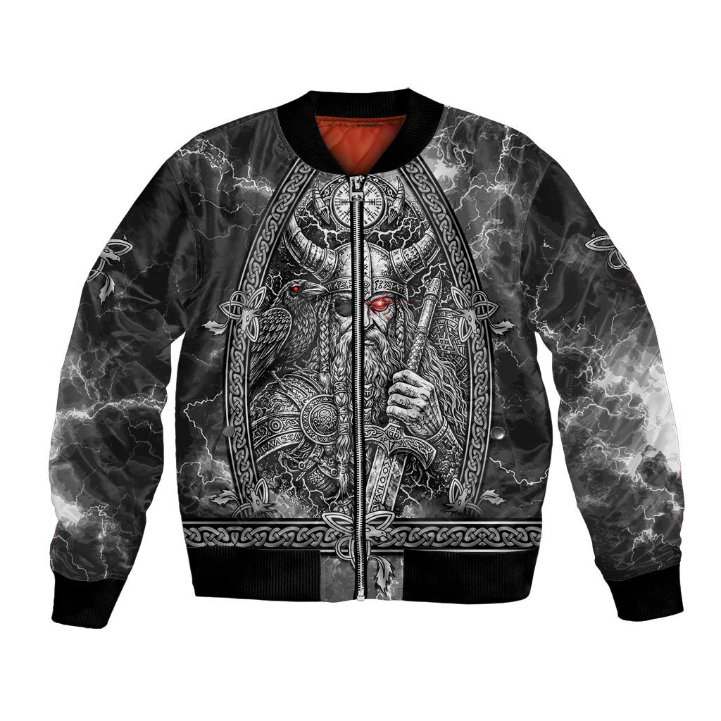 Viking Warrior Raven Axe Vegvisir Bomber Jacket Odin Warrior Nordic Runic Engraved Illustration Style
