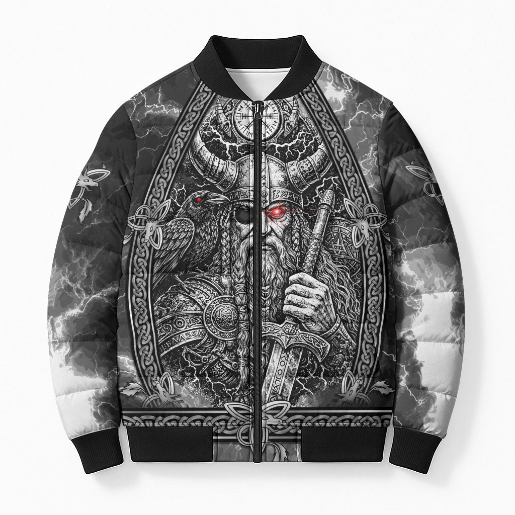 Viking Warrior Raven Axe Vegvisir Bomber Puffer Jacket Odin Warrior Nordic Runic Engraved Illustration Style