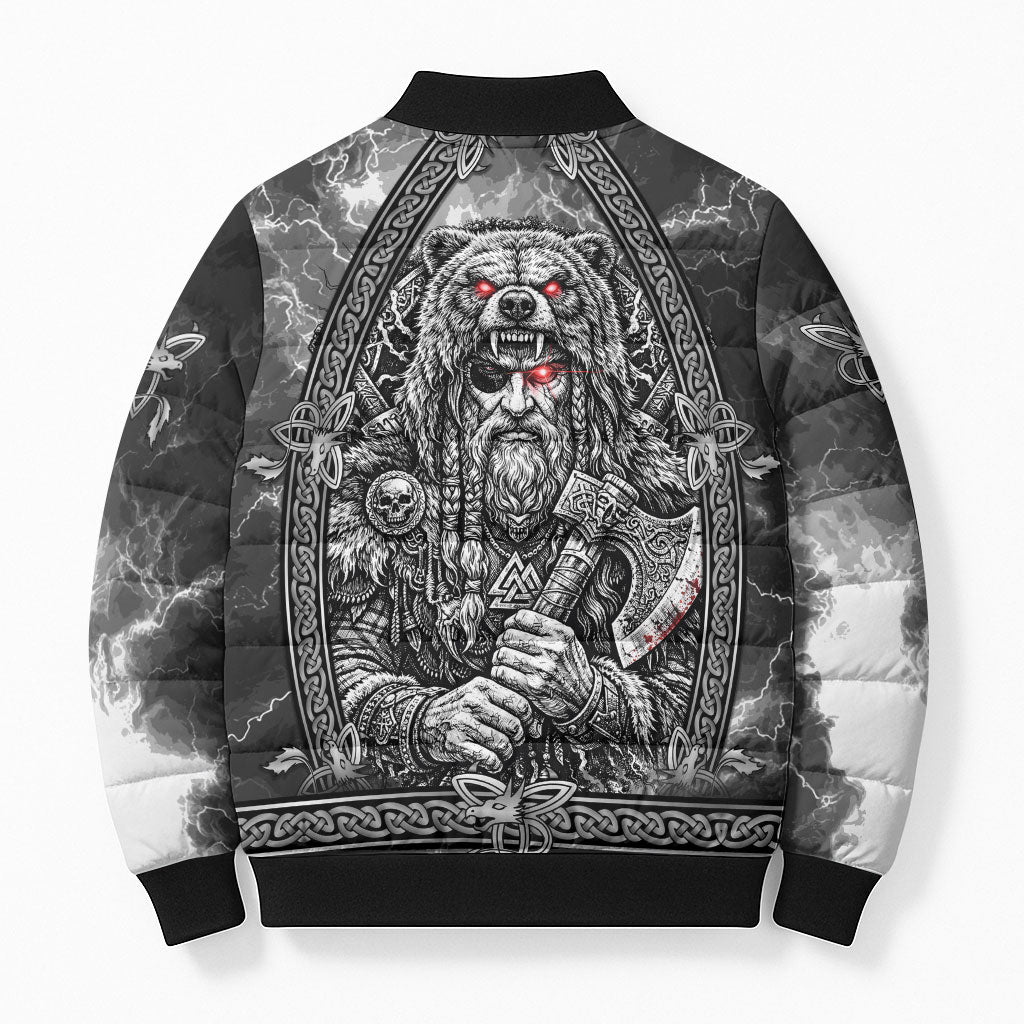 Viking Warrior Raven Axe Vegvisir Bomber Puffer Jacket Odin Warrior Nordic Runic Engraved Illustration Style