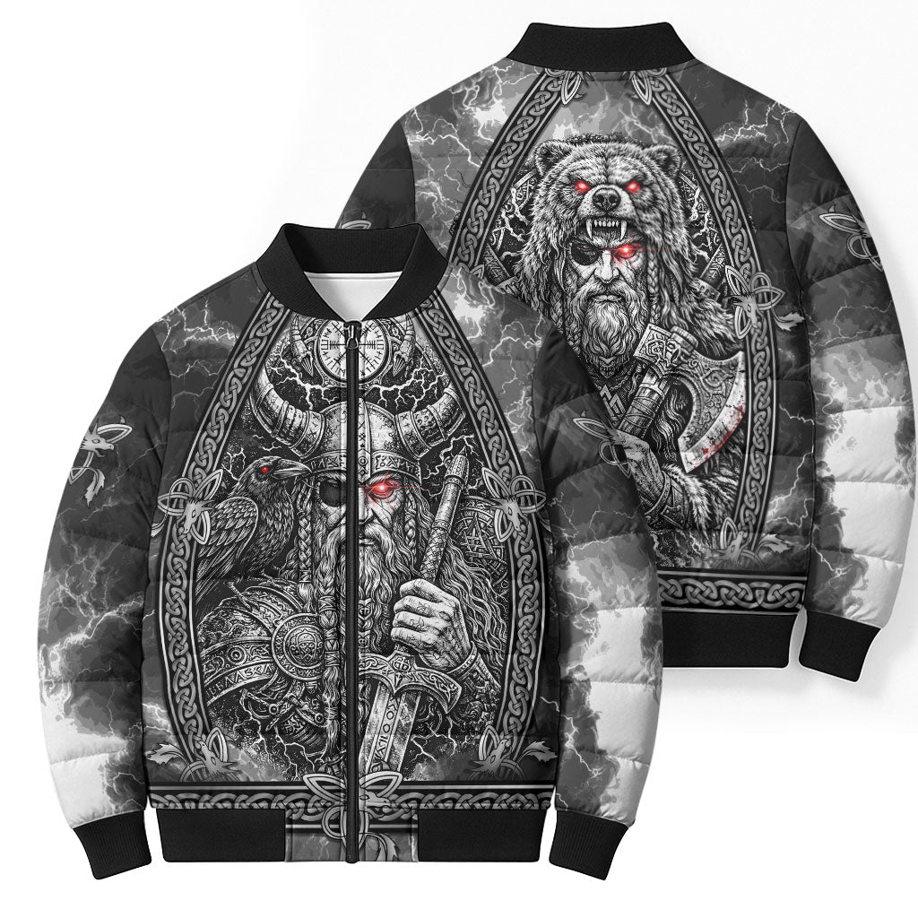 Viking Warrior Raven Axe Vegvisir Bomber Puffer Jacket Odin Warrior Nordic Runic Engraved Illustration Style