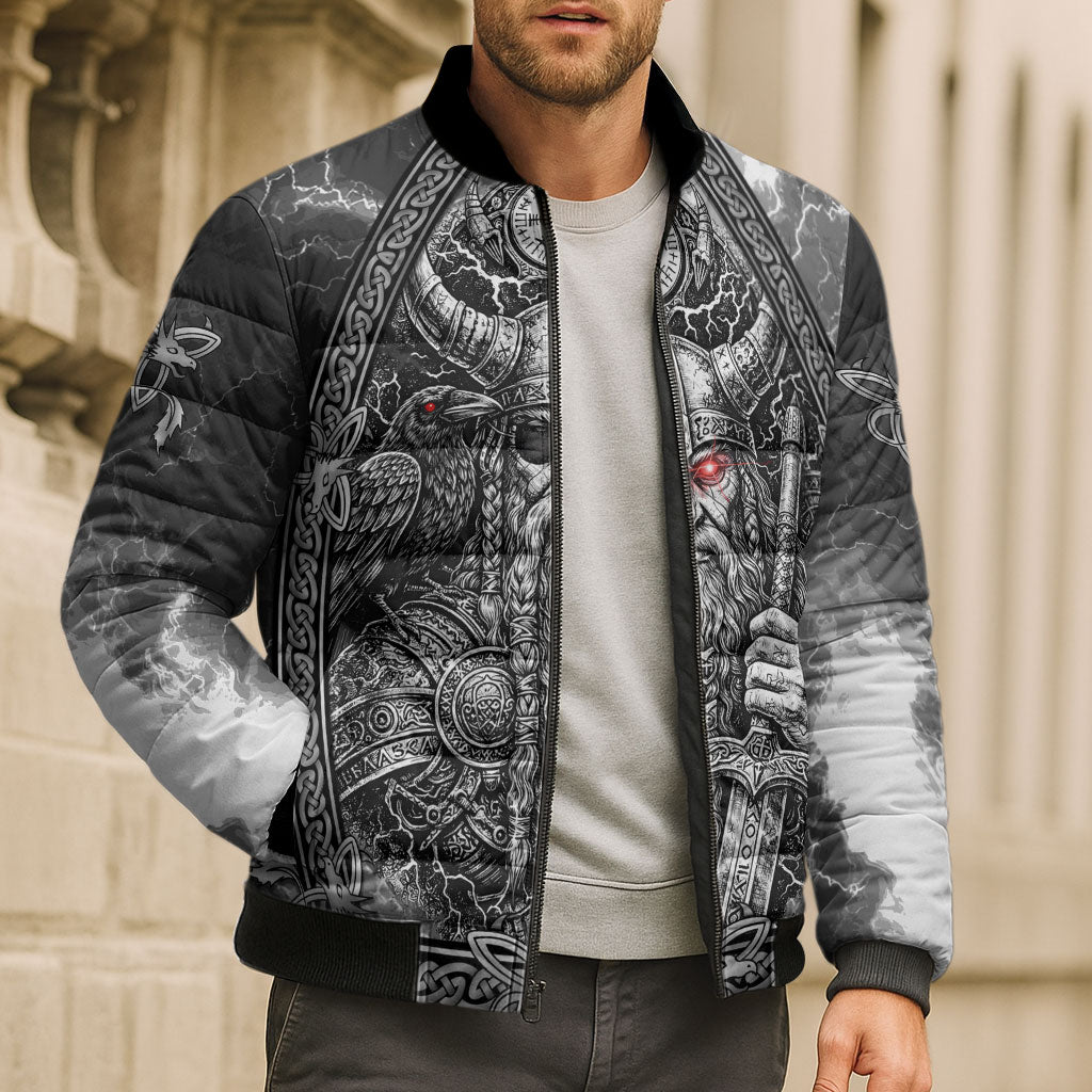 Viking Warrior Raven Axe Vegvisir Bomber Puffer Jacket Odin Warrior Nordic Runic Engraved Illustration Style