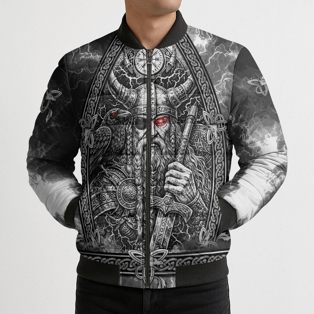 Viking Warrior Raven Axe Vegvisir Bomber Puffer Jacket Odin Warrior Nordic Runic Engraved Illustration Style