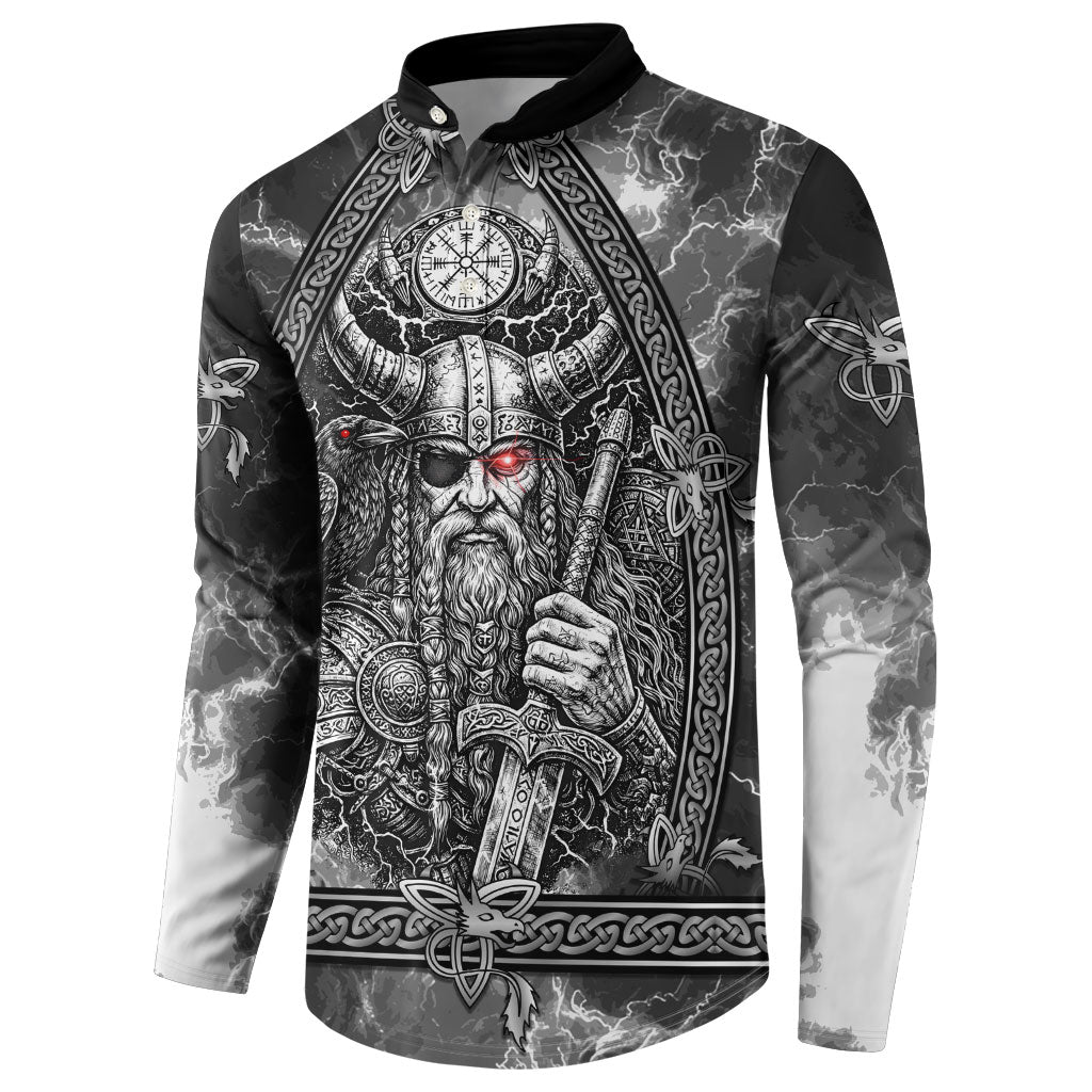 Viking Warrior Raven Axe Vegvisir Button Sweatshirt Odin Warrior Nordic Runic Engraved Illustration Style