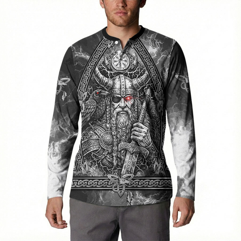 Viking Warrior Raven Axe Vegvisir Button Sweatshirt Odin Warrior Nordic Runic Engraved Illustration Style