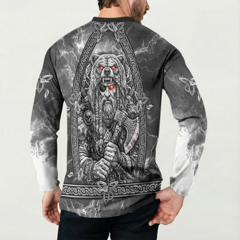 Viking Warrior Raven Axe Vegvisir Button Sweatshirt Odin Warrior Nordic Runic Engraved Illustration Style