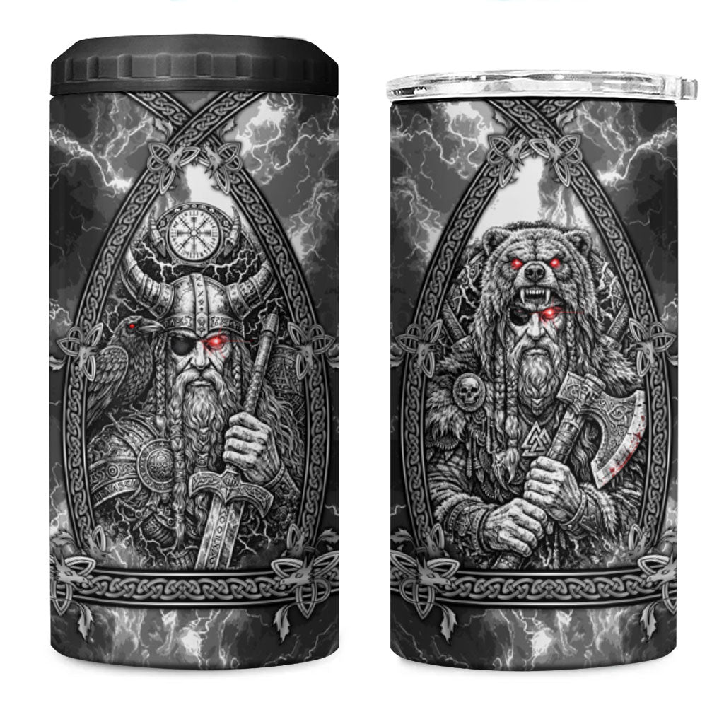 Viking Warrior Raven Axe Vegvisir 4 in 1 Can Cooler Tumbler Odin Warrior Nordic Runic Engraved Illustration Style
