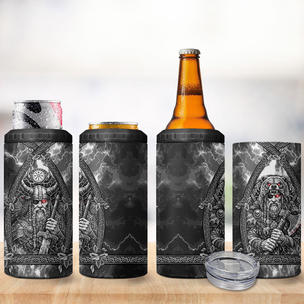 Viking Warrior Raven Axe Vegvisir 4 in 1 Can Cooler Tumbler Odin Warrior Nordic Runic Engraved Illustration Style