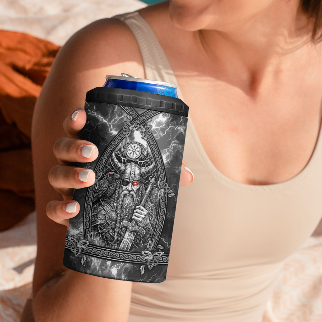 Viking Warrior Raven Axe Vegvisir 4 in 1 Can Cooler Tumbler Odin Warrior Nordic Runic Engraved Illustration Style