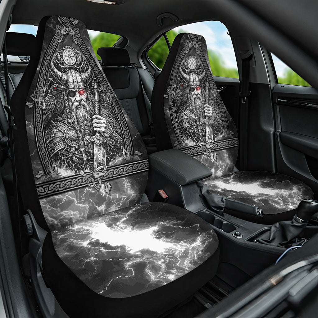 Viking Warrior Raven Axe Vegvisir Car Seat Cover Odin Warrior Nordic Runic Engraved Illustration Style