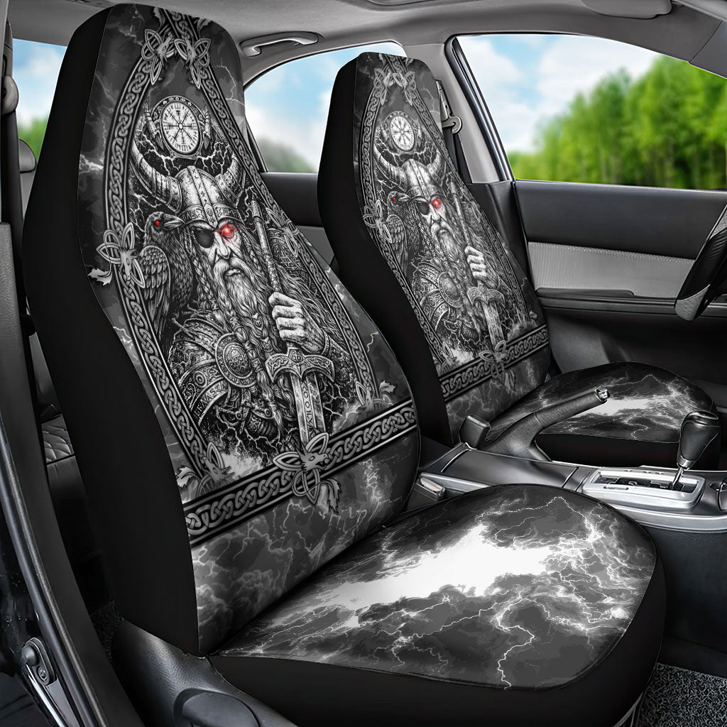 Viking Warrior Raven Axe Vegvisir Car Seat Cover Odin Warrior Nordic Runic Engraved Illustration Style