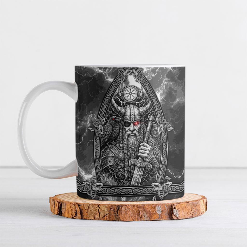 Viking Warrior Raven Axe Vegvisir Ceramic Mug Odin Warrior Nordic Runic Engraved Illustration Style