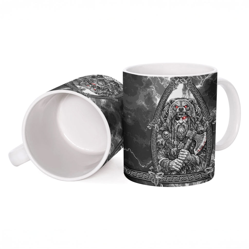 Viking Warrior Raven Axe Vegvisir Ceramic Mug Odin Warrior Nordic Runic Engraved Illustration Style