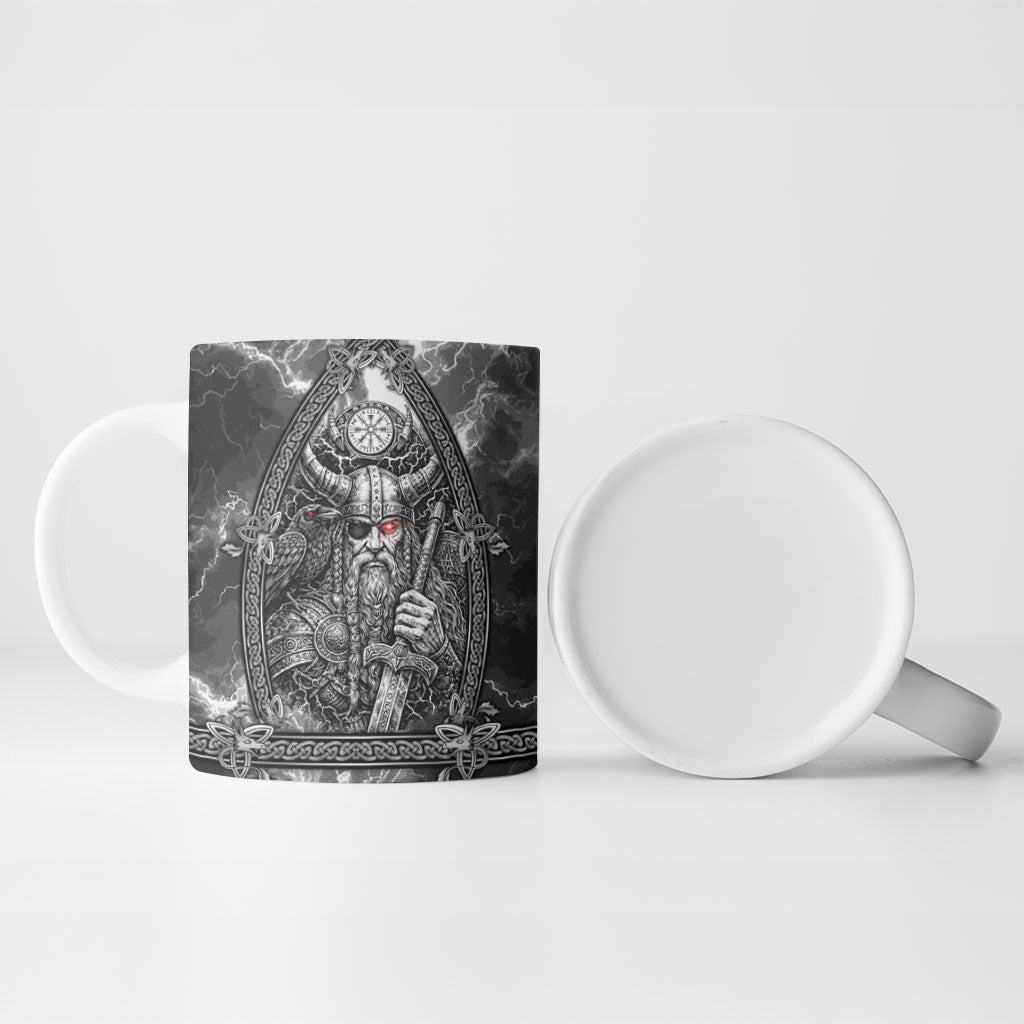 Viking Warrior Raven Axe Vegvisir Ceramic Mug Odin Warrior Nordic Runic Engraved Illustration Style