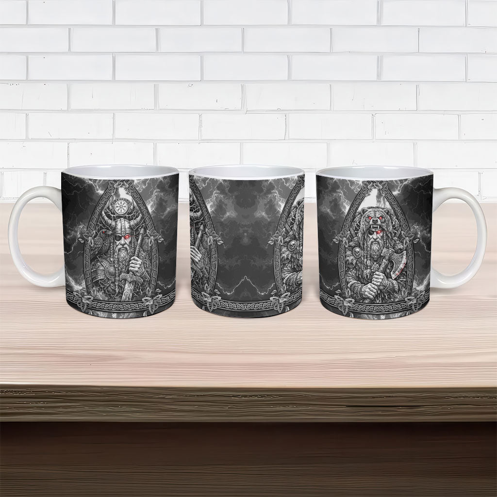 Viking Warrior Raven Axe Vegvisir Ceramic Mug Odin Warrior Nordic Runic Engraved Illustration Style