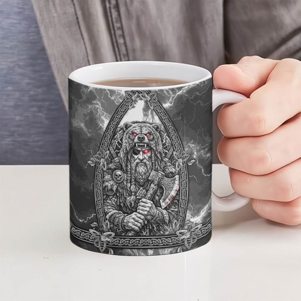 Viking Warrior Raven Axe Vegvisir Ceramic Mug Odin Warrior Nordic Runic Engraved Illustration Style
