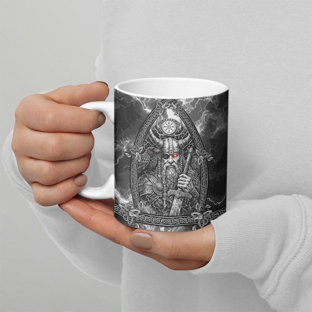 Viking Warrior Raven Axe Vegvisir Ceramic Mug Odin Warrior Nordic Runic Engraved Illustration Style