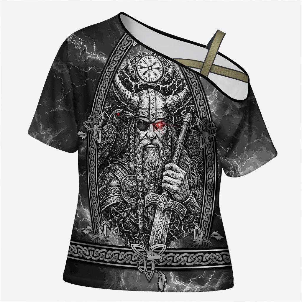 Viking Warrior Raven Axe Vegvisir Cross Shoulder Shirt Odin Warrior Nordic Runic Engraved Illustration Style