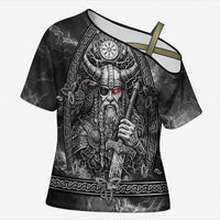 Viking Warrior Raven Axe Vegvisir Cross Shoulder Shirt Odin Warrior Nordic Runic Engraved Illustration Style