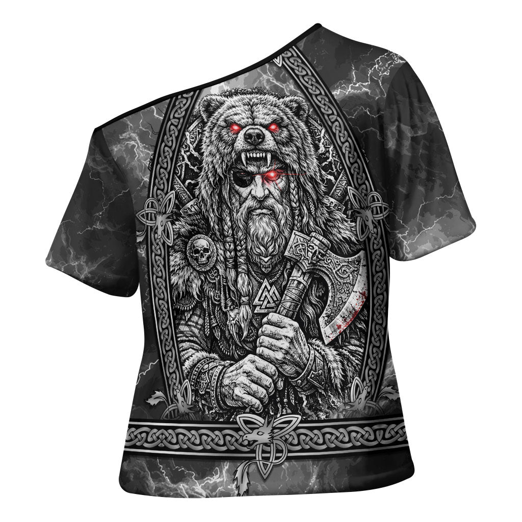 Viking Warrior Raven Axe Vegvisir Cross Shoulder Shirt Odin Warrior Nordic Runic Engraved Illustration Style