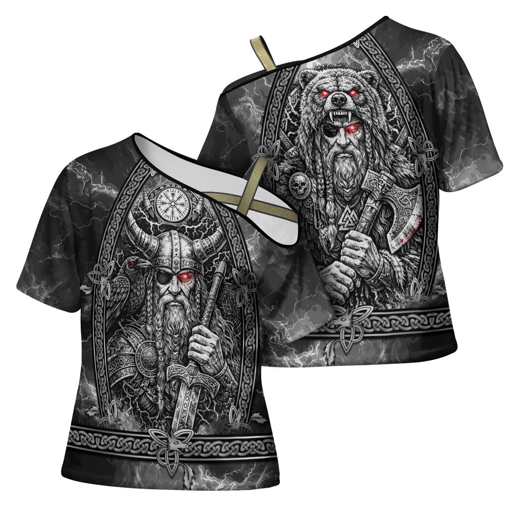 Viking Warrior Raven Axe Vegvisir Cross Shoulder Shirt Odin Warrior Nordic Runic Engraved Illustration Style