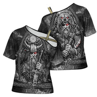 Viking Warrior Raven Axe Vegvisir Cross Shoulder Shirt Odin Warrior Nordic Runic Engraved Illustration Style