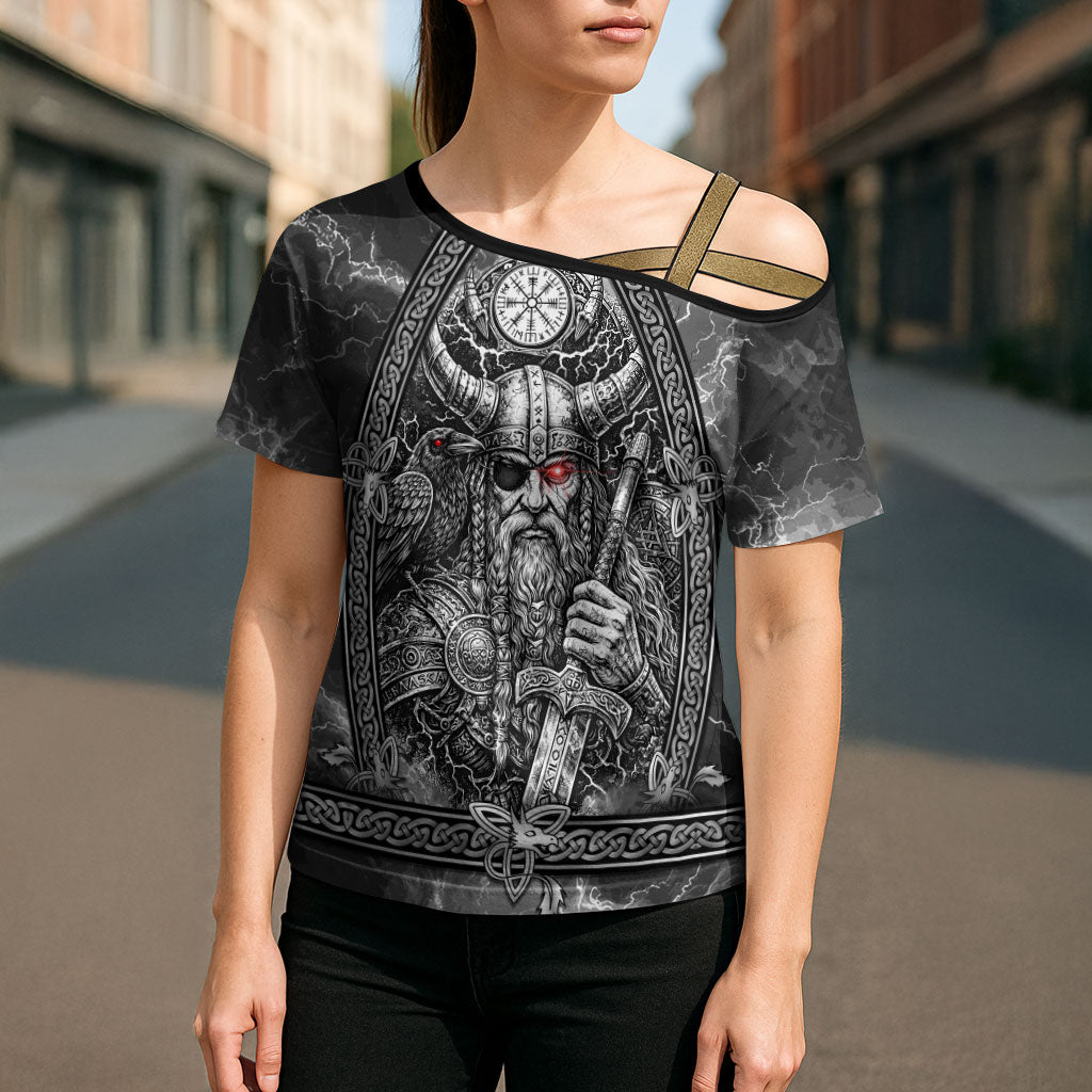 Viking Warrior Raven Axe Vegvisir Cross Shoulder Shirt Odin Warrior Nordic Runic Engraved Illustration Style