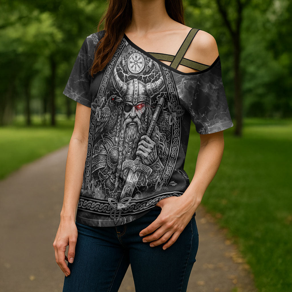 Viking Warrior Raven Axe Vegvisir Cross Shoulder Shirt Odin Warrior Nordic Runic Engraved Illustration Style