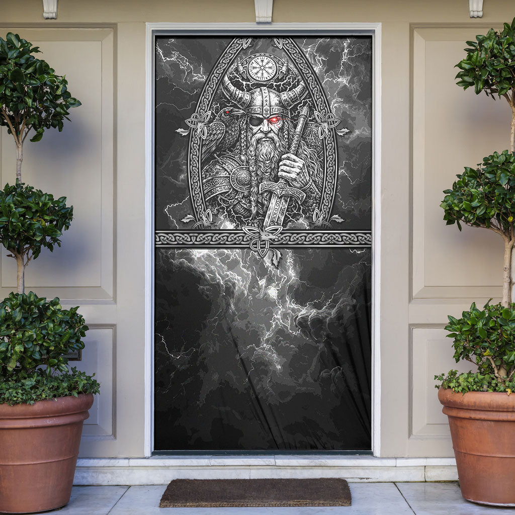 Viking Warrior Raven Axe Vegvisir Door Cover Odin Warrior Nordic Runic Engraved Illustration Style