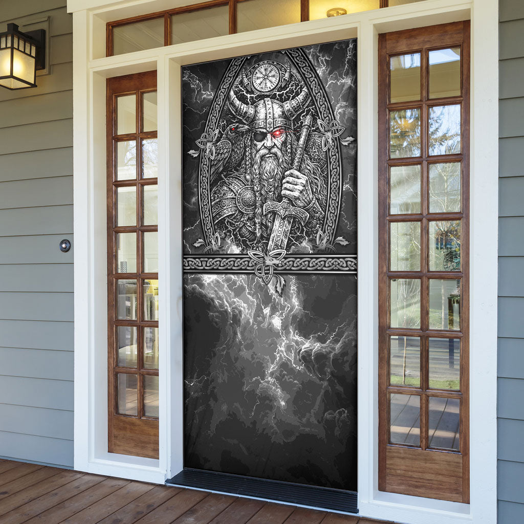 Viking Warrior Raven Axe Vegvisir Door Cover Odin Warrior Nordic Runic Engraved Illustration Style