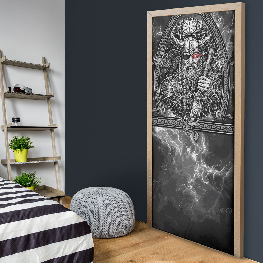 Viking Warrior Raven Axe Vegvisir Door Cover Odin Warrior Nordic Runic Engraved Illustration Style