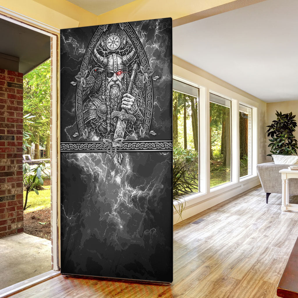 Viking Warrior Raven Axe Vegvisir Door Cover Odin Warrior Nordic Runic Engraved Illustration Style