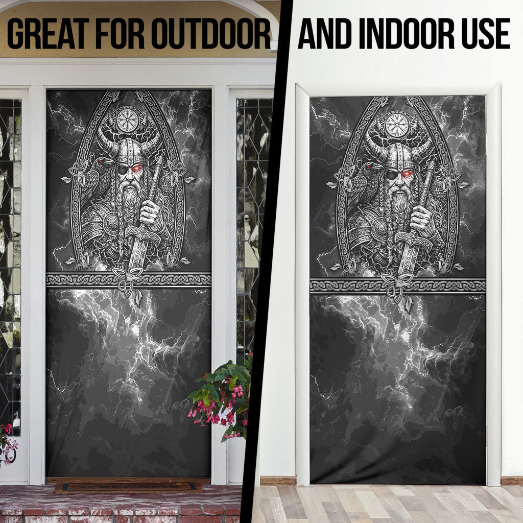 Viking Warrior Raven Axe Vegvisir Door Cover Odin Warrior Nordic Runic Engraved Illustration Style