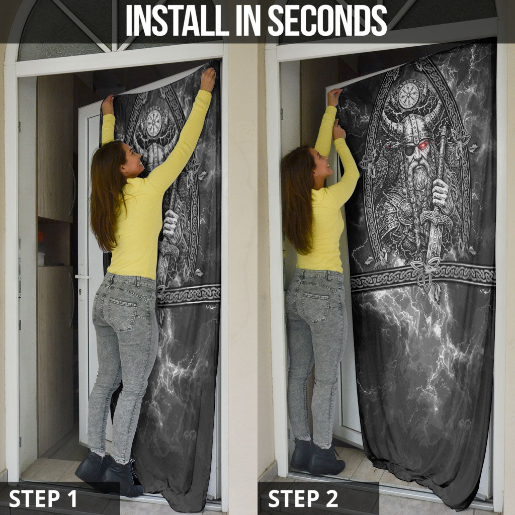 Viking Warrior Raven Axe Vegvisir Door Cover Odin Warrior Nordic Runic Engraved Illustration Style