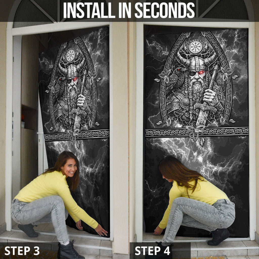 Viking Warrior Raven Axe Vegvisir Door Cover Odin Warrior Nordic Runic Engraved Illustration Style