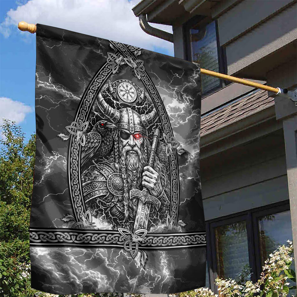 Viking Warrior Raven Axe Vegvisir Garden Flag Odin Warrior Nordic Runic Engraved Illustration Style