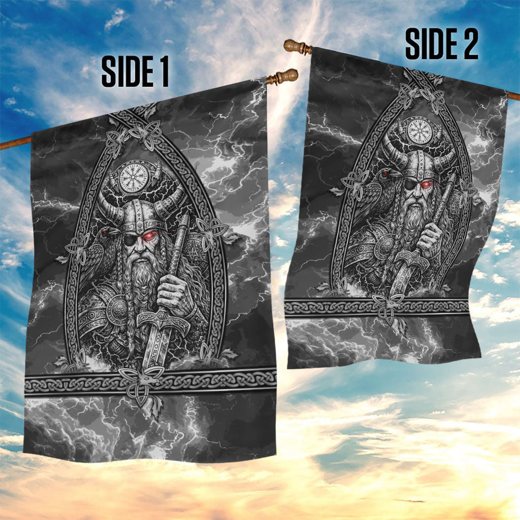 Viking Warrior Raven Axe Vegvisir Garden Flag Odin Warrior Nordic Runic Engraved Illustration Style