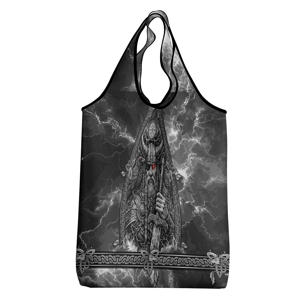 Viking Warrior Raven Axe Vegvisir Grocery Bag Odin Warrior Nordic Runic Engraved Illustration Style
