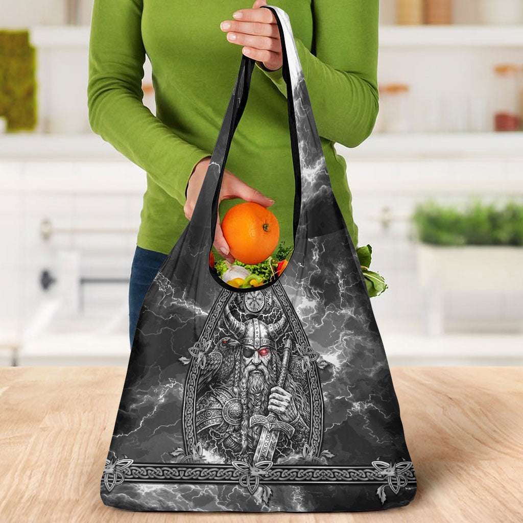 Viking Warrior Raven Axe Vegvisir Grocery Bag Odin Warrior Nordic Runic Engraved Illustration Style