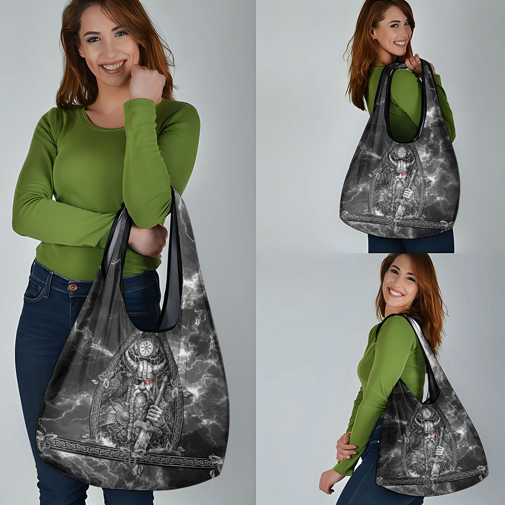 Viking Warrior Raven Axe Vegvisir Grocery Bag Odin Warrior Nordic Runic Engraved Illustration Style