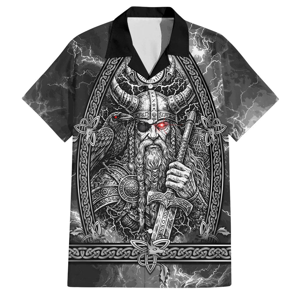 Viking Warrior Raven Axe Vegvisir Hawaiian Shirt Odin Warrior Nordic Runic Engraved Illustration Style