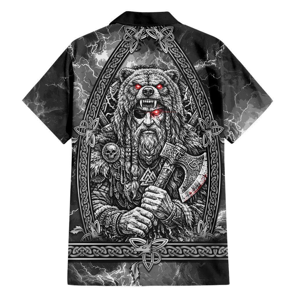 Viking Warrior Raven Axe Vegvisir Hawaiian Shirt Odin Warrior Nordic Runic Engraved Illustration Style