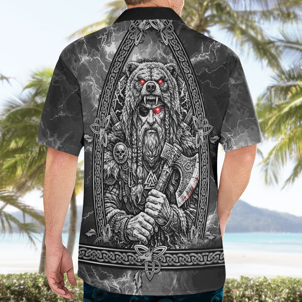 Viking Warrior Raven Axe Vegvisir Hawaiian Shirt Odin Warrior Nordic Runic Engraved Illustration Style