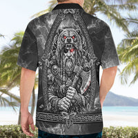 Viking Warrior Raven Axe Vegvisir Hawaiian Shirt Odin Warrior Nordic Runic Engraved Illustration Style