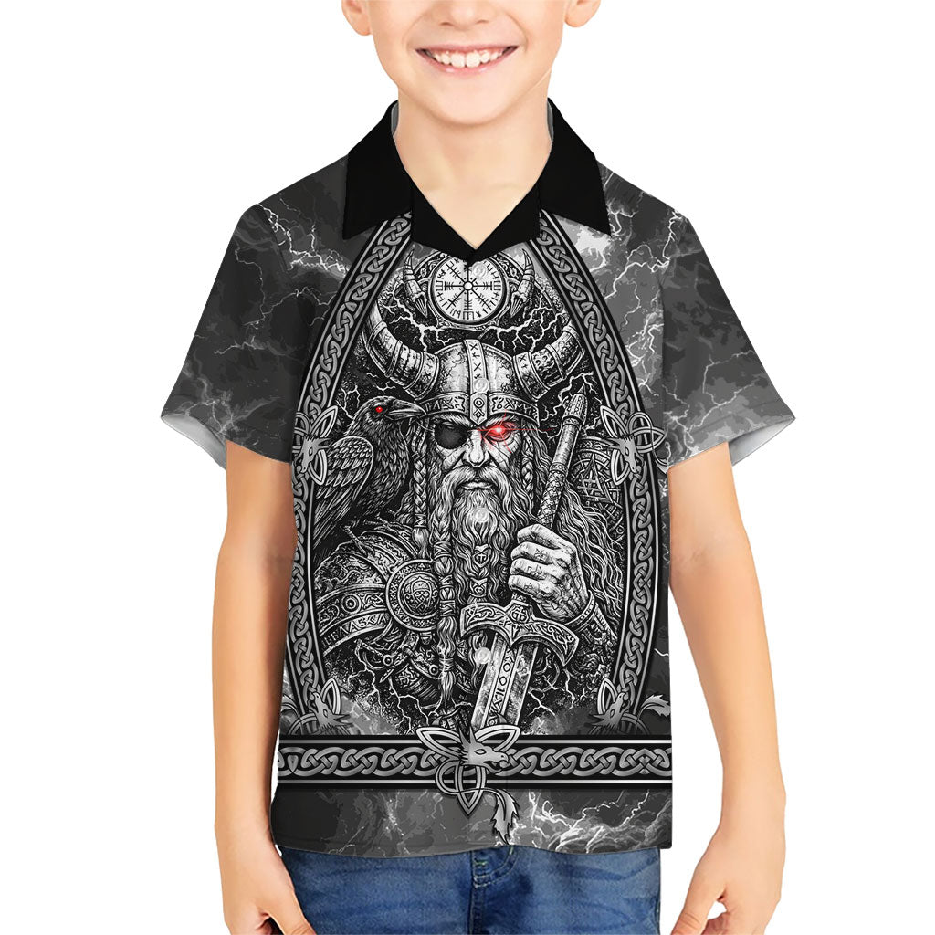 Viking Warrior Raven Axe Vegvisir Hawaiian Shirt Odin Warrior Nordic Runic Engraved Illustration Style